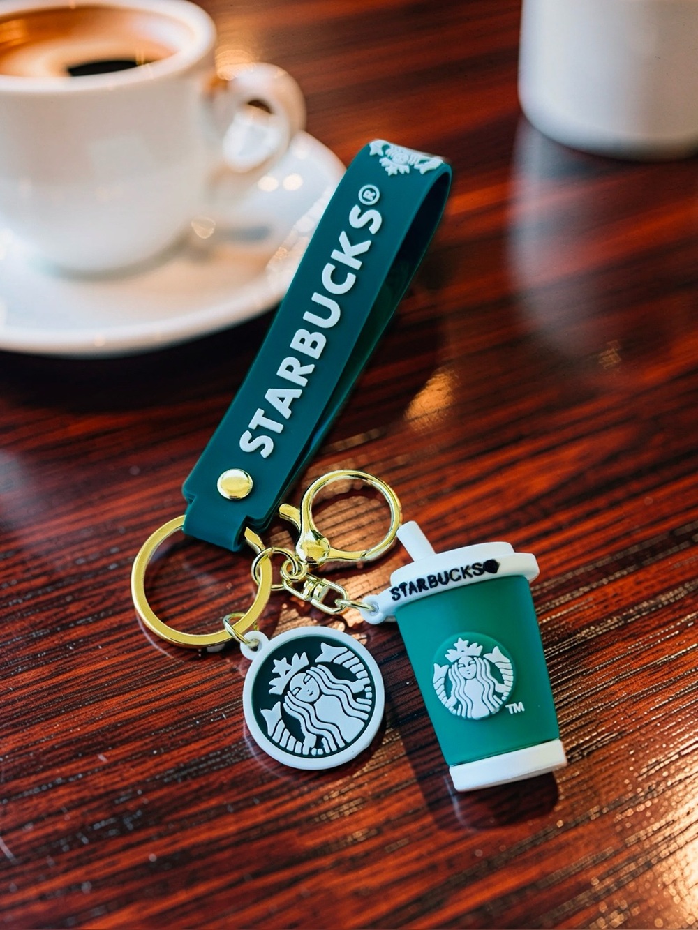 STARBUCKS Green Silicone Strap Keychain Gold Hardware
